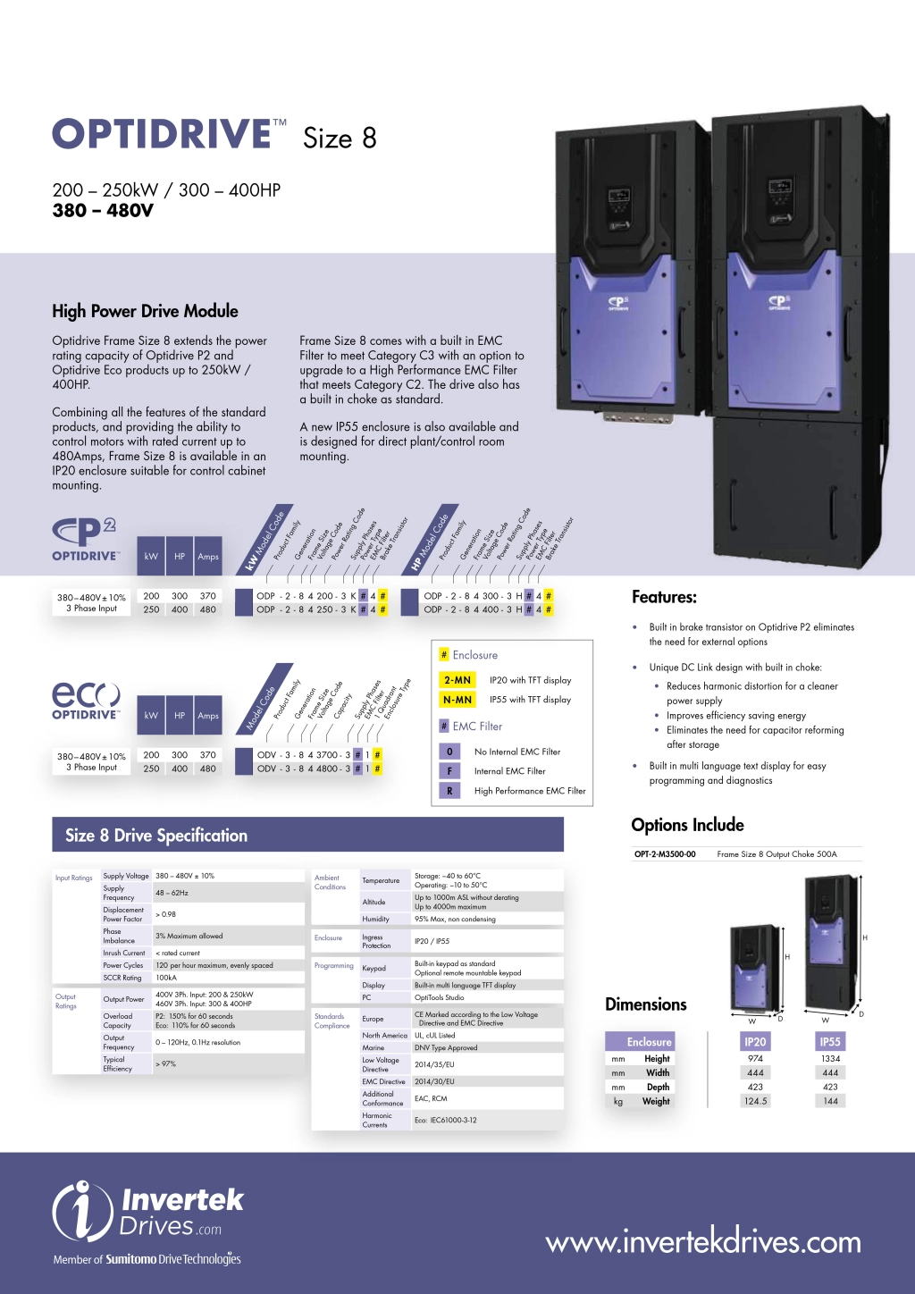 Frekvenční měnič 250kW, INVERTEK, ODV-3-844800-3F1N-MN, IP55, napájení 3 fáze